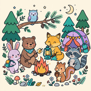Cute Camping Animal Friends &ndash; Colorful Outdoor Adventure Vector