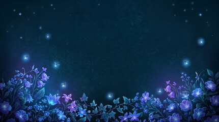 Obraz premium Mystical dark blue night background with glowing blue fantasy flowers and flying fireflies at the bottom, enchanted magical fairy tale garden with copy space