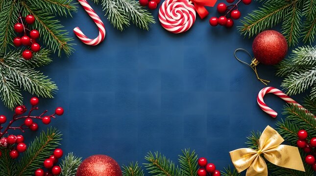 Full border frame of evergreen fir branches, red baubles, candy canes, lollipop, red berries, and gold bow on navy blue surface.