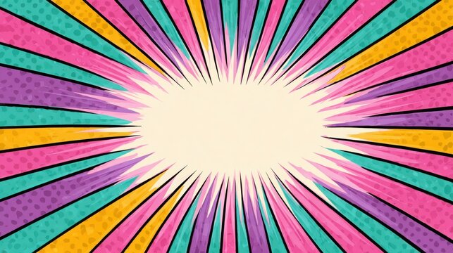 Colorful retro comic book style sunburst background with a central blank oval copy space area with background with background