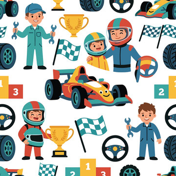 Cute cartoon race car seamless pattern with kids drivers, mechanics, trophy cups, checkered flags, and wheels on white background