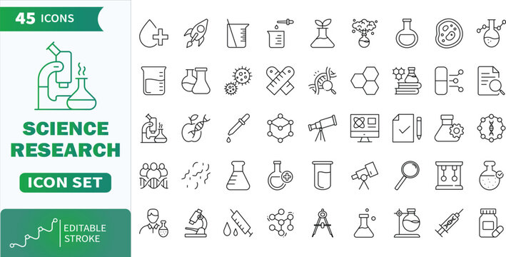 Science and research line icons with editable strock.Collection of science and research line icons representing laboratory equipment and discovery