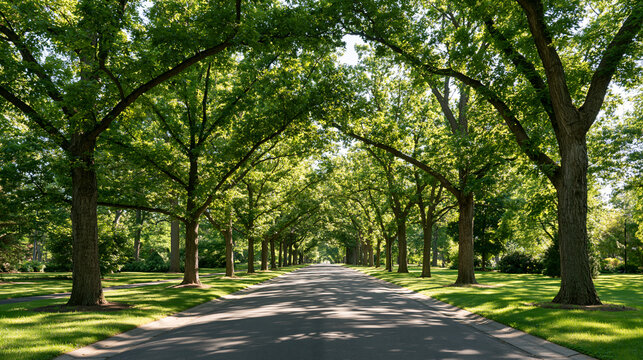 Straight Asphalt Lane Passing Beneath a Tunnel of Mature Trees