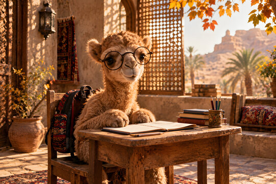 Baby Camel Wearing Glasses At Tiny School Desk