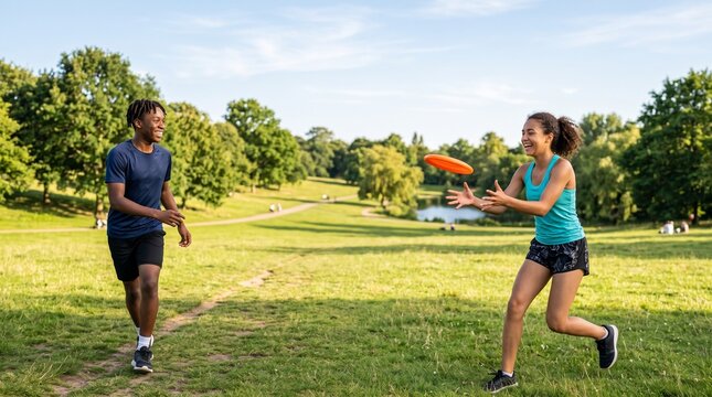 Young diverse couple enjoying a sunny day playing frisbee in a lush green park with trees and a pond