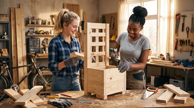 Two diverse women happily building a wooden planter box together in a well-lit workshop