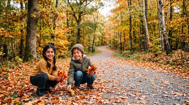 Two happy children collecting colorful autumn leaves on a forest path during fall season