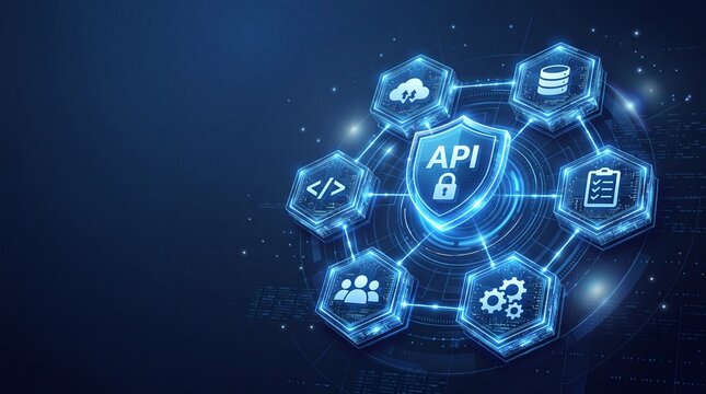 Secure API Technology Concept Featuring Application Programming Interface Shield Surrounded by Digital Symbols for Cloud Computing, Data Encryption, Software Development, and Network Integration.