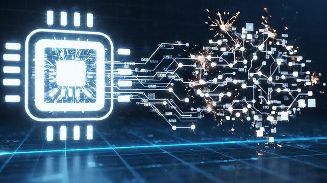 glowing computer chip processes digital voice data into microphone icon within virtual network environment with streaming binary code flowing across dark high-tech abstract background