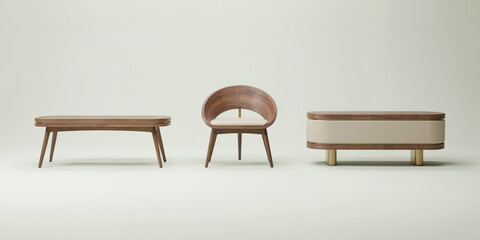 Obraz premium Minimalist wooden furniture set featuring a low bench, curved chair, and rectangular side table