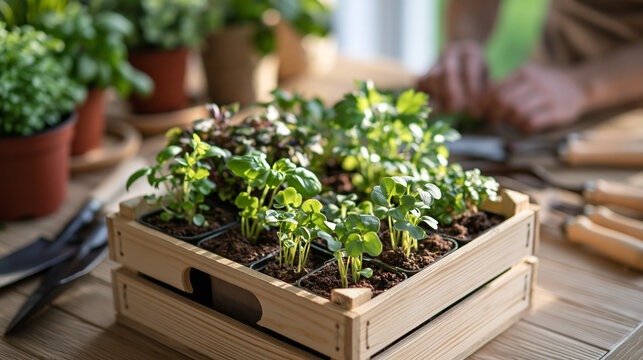 Small Herb Plants Growing Together Inside a Rustic Wooden Box