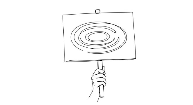 Hand holding protest sign with abstract symbol, isolated line art