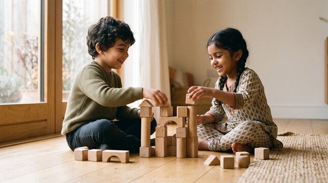 Joyful young siblings building a wooden block tower together indoors on a sunny day