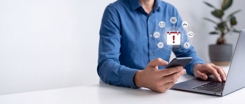 Professional man using smartphone with digital calendar notification and urgent alert exclamation mark icon while working on laptop, representing scheduling, deadline management, and reminders.