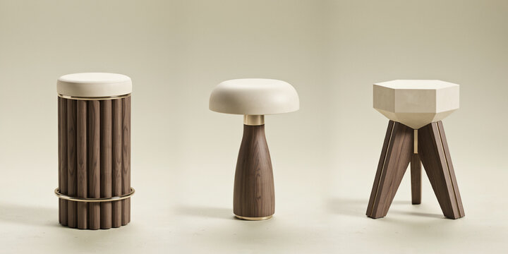 Set of three decorative stools featuring dark walnut wood, brass accents and beige