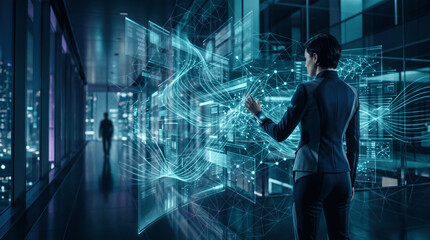 Fototapeta premium Businesswoman Using Futuristic AI Data Interface and Digital Network in High Tech Office