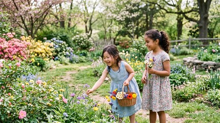 Fototapeta premium Two young girls happily picking flowers in a vibrant spring garden filled with colorful blooms and lush greenery