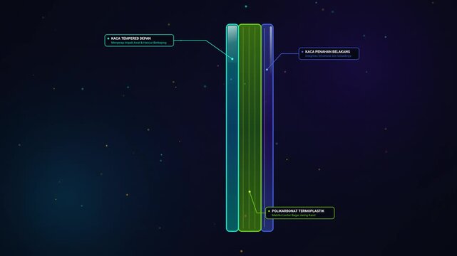 3D animation of bulletproof laminated glass stopping a high-speed projectile, featuring Indonesian text overlays explaining the tempered glass shattering and polycarbonate elastic stretching