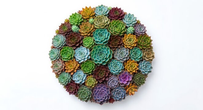 Succulent arrangement displays a circular pattern of diverse multicolored rosette plants against a white background.