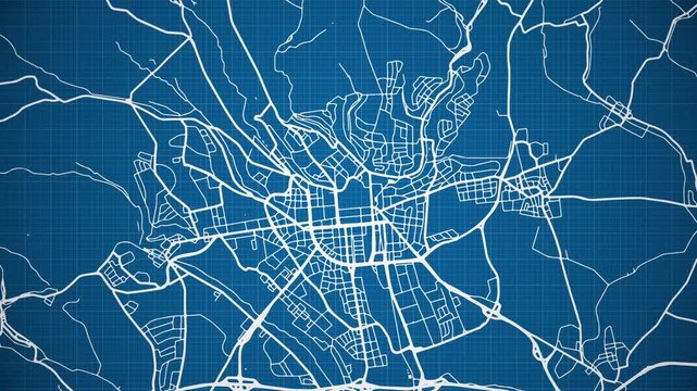 Ink reveal animation of Wiesbaden city, state of Hesse, Germany, grid map. Aerial top view. Blueprint style. White lines with blue background. 4K Seamless loop.