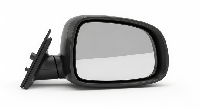 Side view automotive mirror featuring sleek black plastic casing and reflective glass surface isolated against a clean white studio background