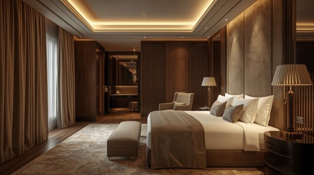 Luxury bedroom interior features a double bed with crisp white linens, warm recessed ceiling lighting, and dark wood wall paneling.