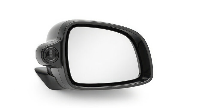 Sleek black modern automotive side mirror featuring an integrated safety camera lens for improved visibility on white background studio shot
