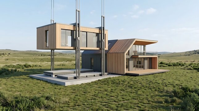 Modern modular house with tall metal support columns standing in a large open green field illustration