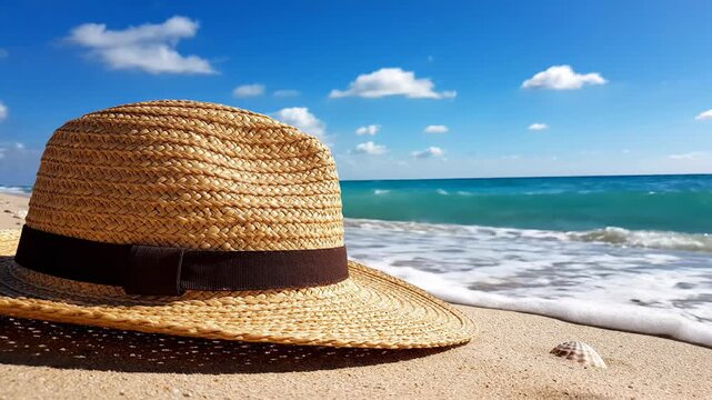 Straw sun hat on sandy beach with turquoise ocean and blue sky during summer vacation