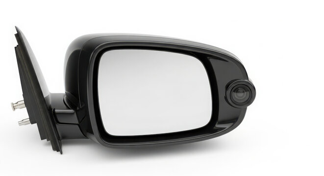 Black automotive side view mirror with an integrated parking camera isolated on a clean white background for modern vehicle maintenance
