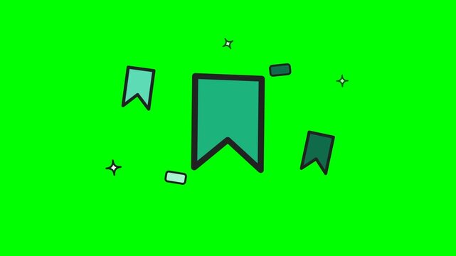 Green bookmark animation with floating confetti and glowing sparkles on chroma key