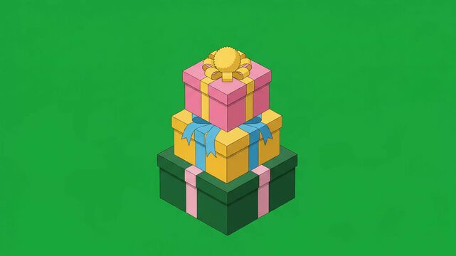 An isometric animation of stacked gift boxes with ribbons, rendered in a 3D graphic style for holiday marketing campaigns, birthday greeting cards, and e-commerce promotions.