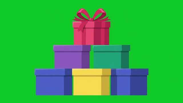 A stacked pyramid of colorful gift boxes with a red bow on a green screen background for a promotion design, celebration marketing project, and e-commerce video project.
