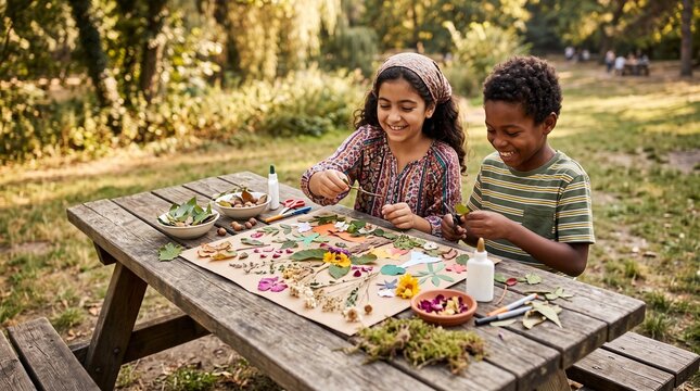 Two happy children creating nature collage art on a wooden picnic table outdoors in a park