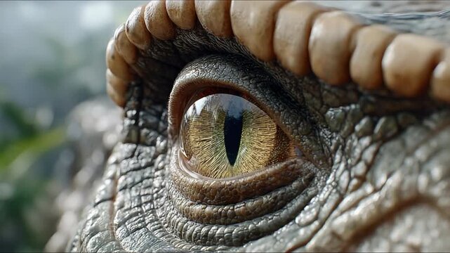 Prehistoric Gaze: An extreme close-up captures the intense, reptilian eye of a dinosaur, its scales intricately detailed, hinting at a primeval world.