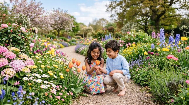 Joyful siblings share a moment admiring a tulip in a vibrant blooming garden during springtime