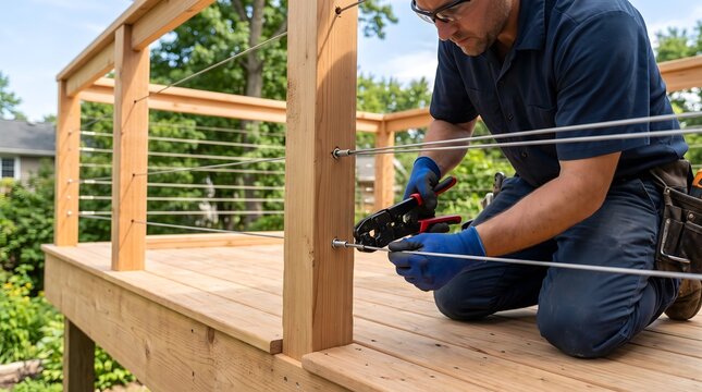 Construction worker installing steel cable railing on a wooden deck outdoors