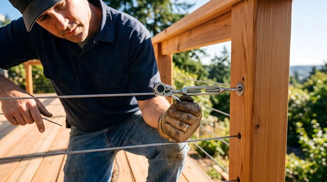 Construction worker installing stainless steel wire railing on a wooden deck