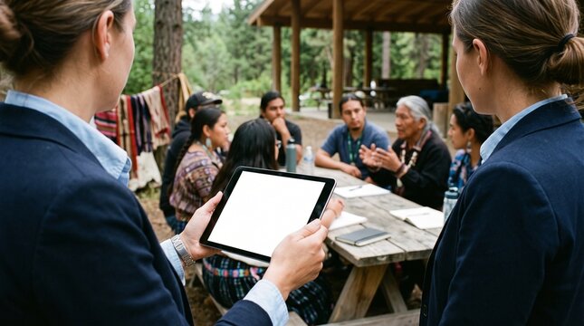 Corporate liaison holding blank tablet in meeting with indigenous community leaders
