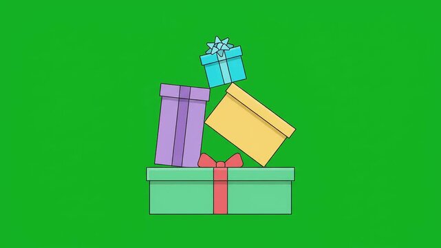 An animated video of a stack of wrapped gift boxes against a green screen background, suitable for holiday greeting card design, e-commerce promotion, and birthday celebration projects.