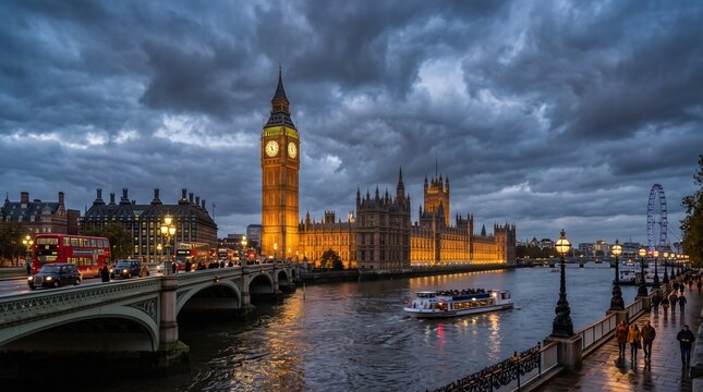 Iconic big ben clock tower illuminated beside river thames at dusk with boat traffic