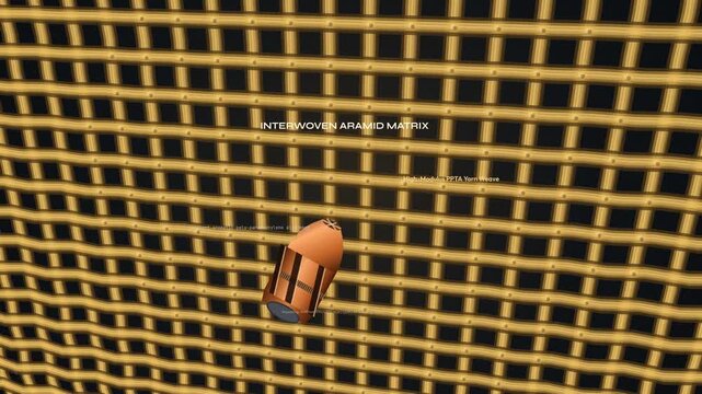 3D animation of bullet impacting an interwoven aramid matrix, demonstrating ballistics physics with trampoline membrane dilation, plastic core mushrooming, and kinetic equilibrium in Kevlar armor