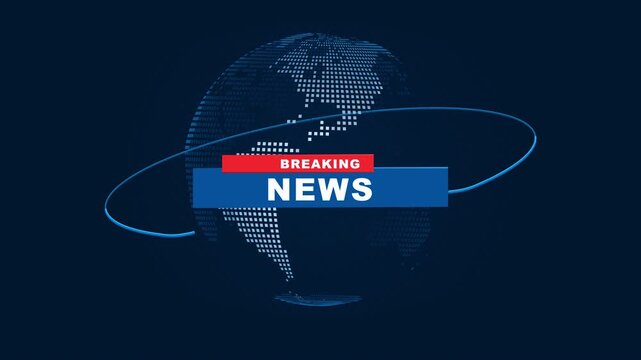 Modern breaking news broadcast animation featuring a digital dotted Earth surrounded by segmented global data ribbons that assemble into an orbital belt and mechanically transform into a breaking news
