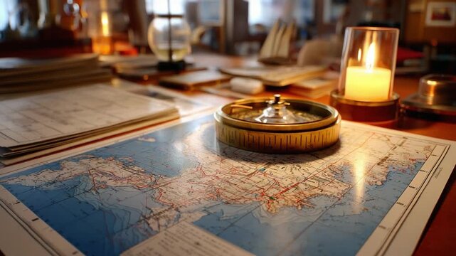 An Explorer's Desk: A vintage compass rests upon an antique map, with a flickering candle casting a warm, adventurous glow on a well-appointed desk, evoking a sense of discovery and bygone journeys.