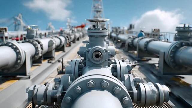 Industrial Pipeline Network: A complex network of industrial pipelines and valves under a bright blue sky, showcasing the intricate machinery of heavy industry and infrastructure.