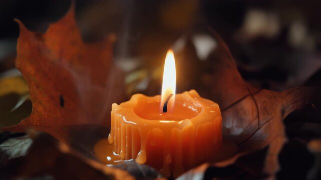 Cozy Autumn Candlelight A Warm, Glowing Orange Candle Surrounded by Crisp Fall Leaves
