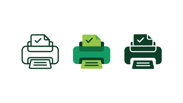 Set of office printer document icons in three color styles with document print check mark printing icon print complete printer machine flat icons