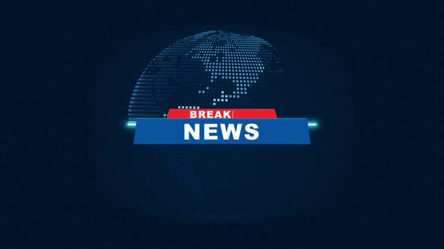 Clean global breaking news broadcast animation featuring a large dotted digital Earth scanned by a horizontal information band that transforms into a breaking news headline before continuing across th