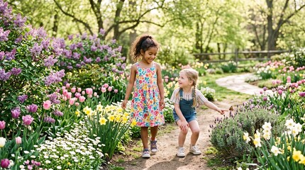 Fototapeta premium Two young girls exploring a vibrant spring garden filled with blooming flowers and a butterfly