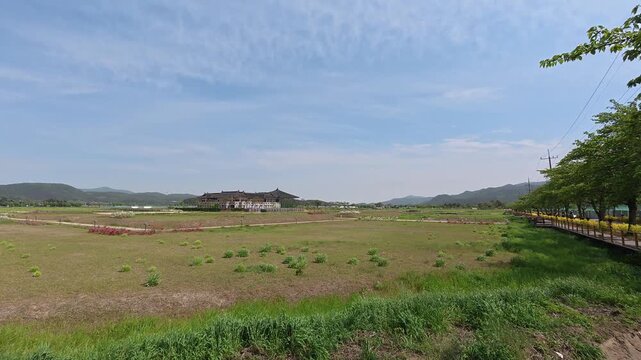 Open grassy field near Gyeongju KTX station, South Korea.